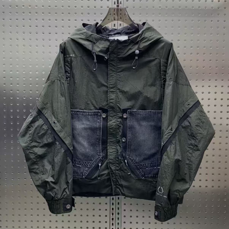 2026 tavasz férfi kapucnis munkaruha dzseki, amerikai utcai stílus, denim windbreaker