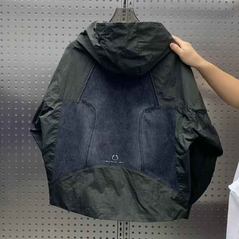 2026 tavasz férfi kapucnis munkaruha dzseki, amerikai utcai stílus, denim windbreaker