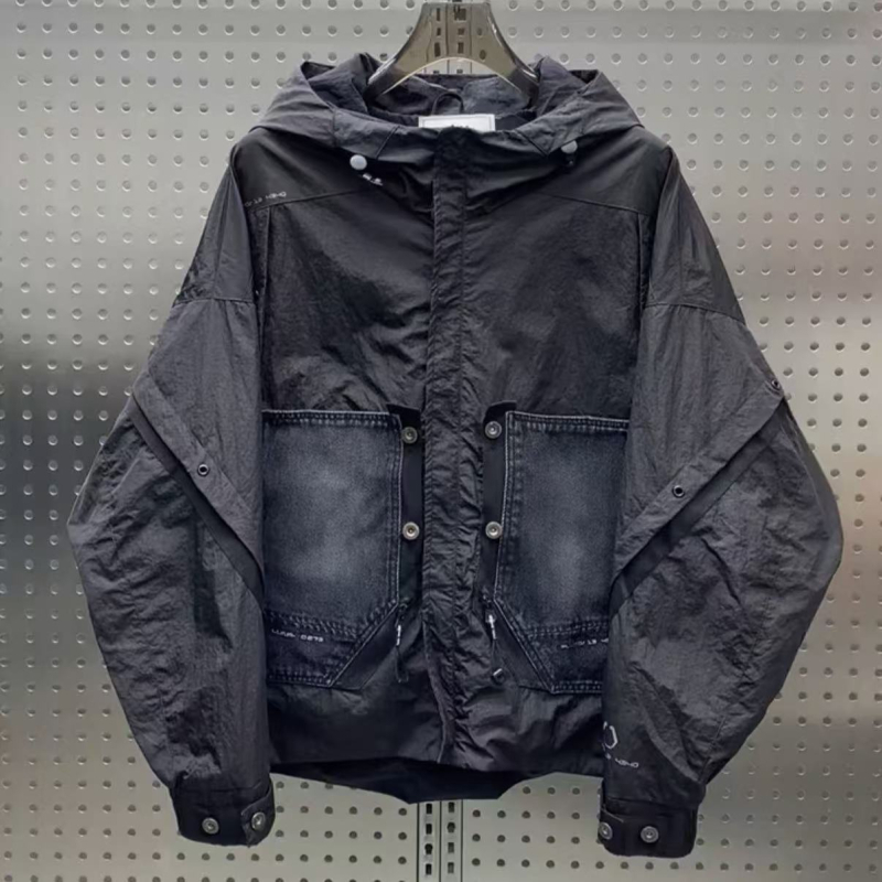 2026 tavasz férfi kapucnis munkaruha dzseki, amerikai utcai stílus, denim windbreaker