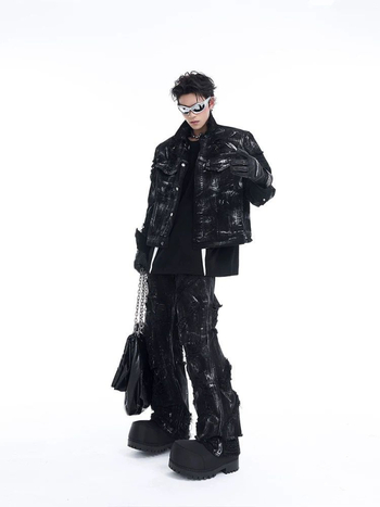 Traper jakna u wasteland stilu, unisex, s jastučićima na ramenima, oprana i izgrebana, za proljeće i jesen.