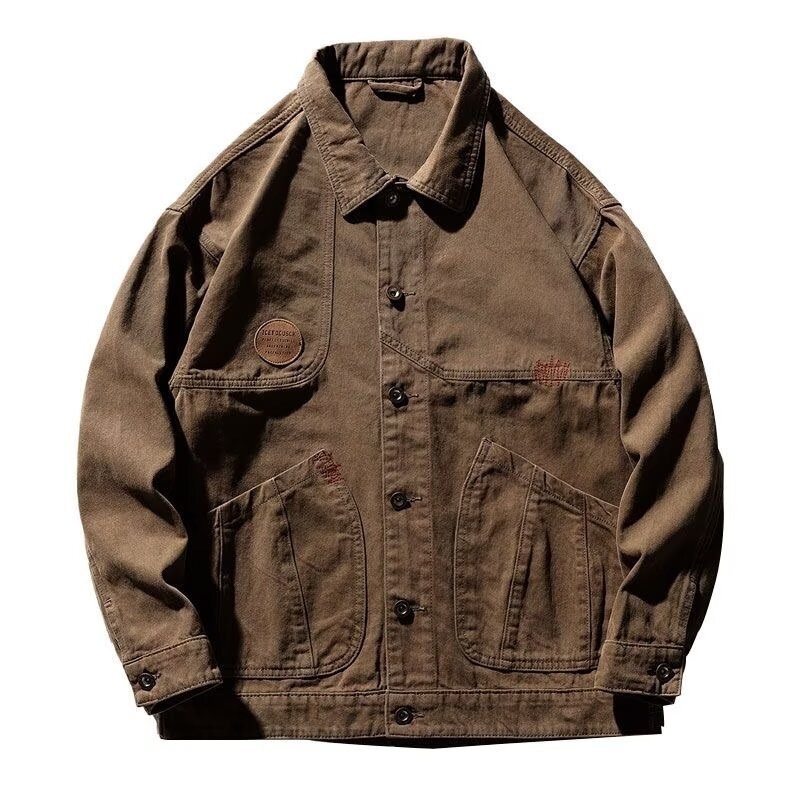 Férfiaknak készült amerikai stílusú, nehéz vintage denim dzseki, lazább szabású őszi szezonhoz, trendi és tartós munkaruházati dizájn