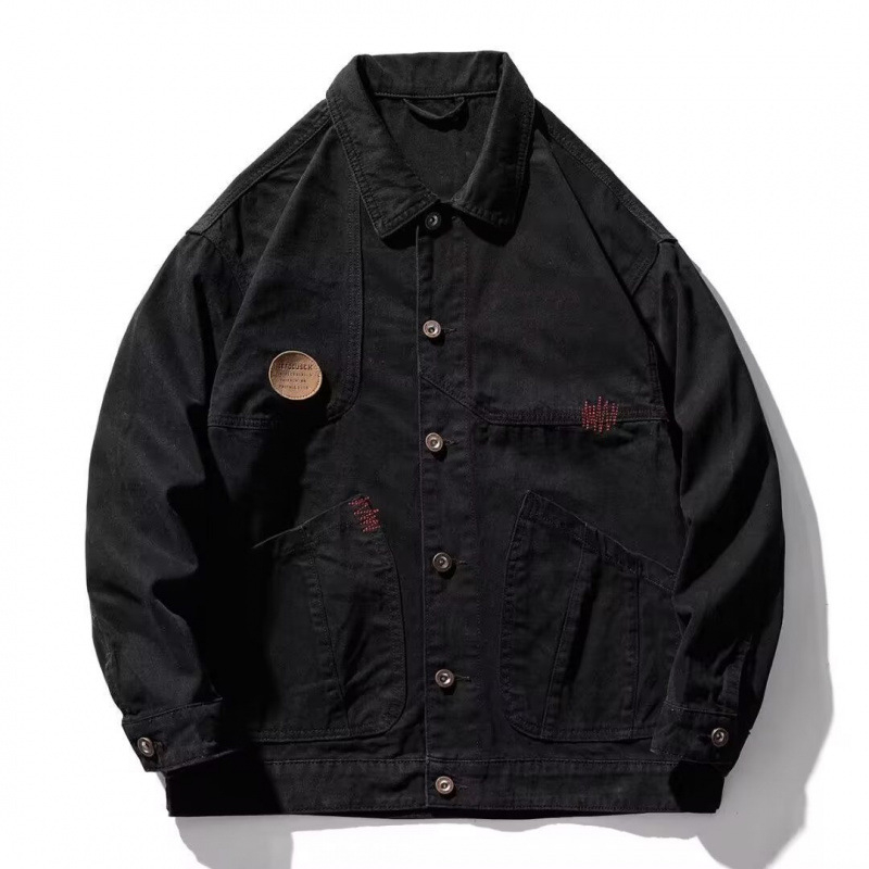 Férfiaknak készült amerikai stílusú, nehéz vintage denim dzseki, lazább szabású őszi szezonhoz, trendi és tartós munkaruházati dizájn