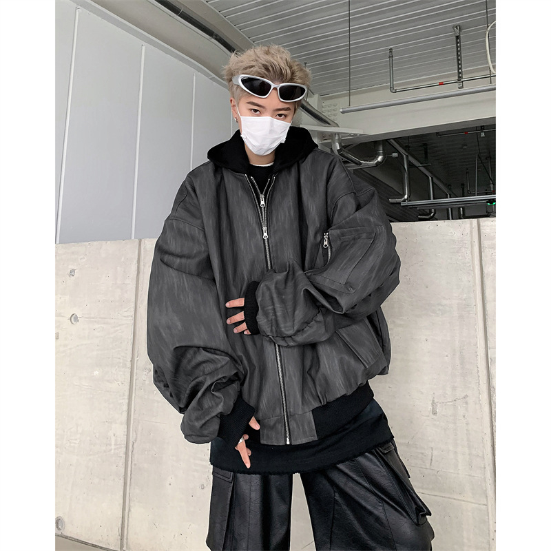 Őszi amerikai retro textúrájú PU-bőr kabát, kettő résznek látszó dizájn, lazán szabott, streetwear-stílus