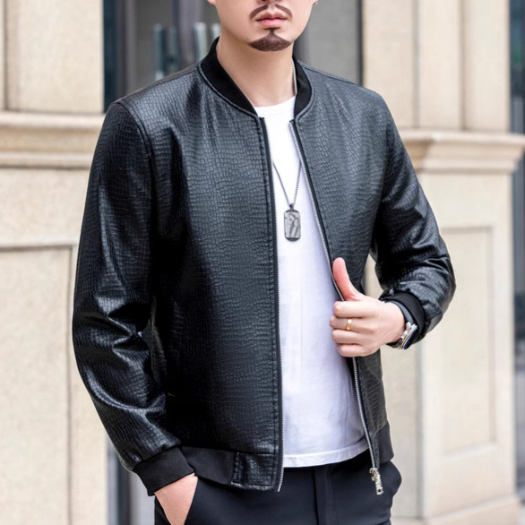 Férfi PU bőrkabát, rövid fazon, repedezett textúra, baseball gallér, könnyű, tavasz–ősz, casual