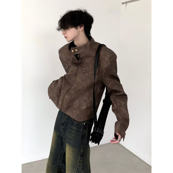 Maillard Wear ανδρικό PU δερμάτινο μπουφάν, κοντό στυλ, μοντέρνο στυλ δρόμου, ειδικός σχεδιασμός, ρετρό καφέ