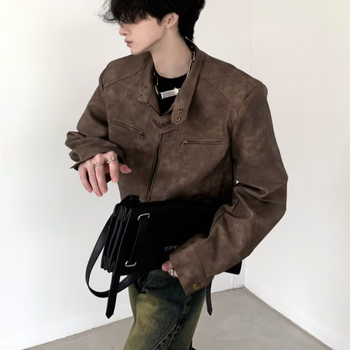 Maillard Wear ανδρικό PU δερμάτινο μπουφάν, κοντό στυλ, μοντέρνο στυλ δρόμου, ειδικός σχεδιασμός, ρετρό καφέ