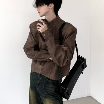 Maillard Wear ανδρικό PU δερμάτινο μπουφάν, κοντό στυλ, μοντέρνο στυλ δρόμου, ειδικός σχεδιασμός, ρετρό καφέ