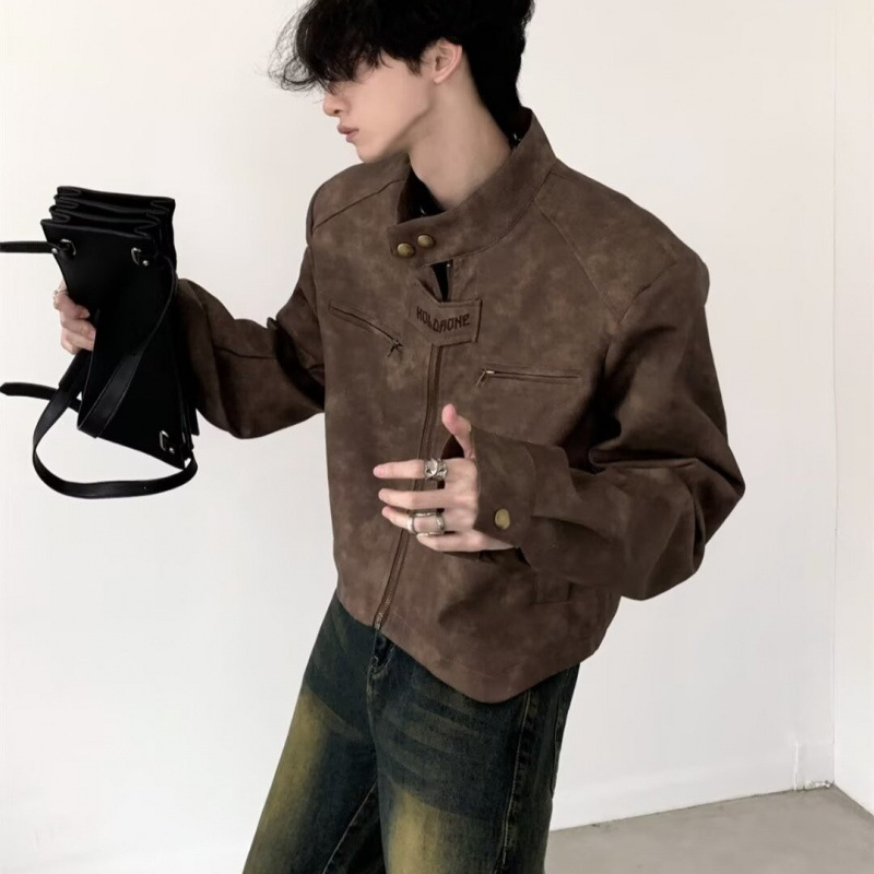 Maillard Wear ανδρικό PU δερμάτινο μπουφάν, κοντό στυλ, μοντέρνο στυλ δρόμου, ειδικός σχεδιασμός, ρετρό καφέ