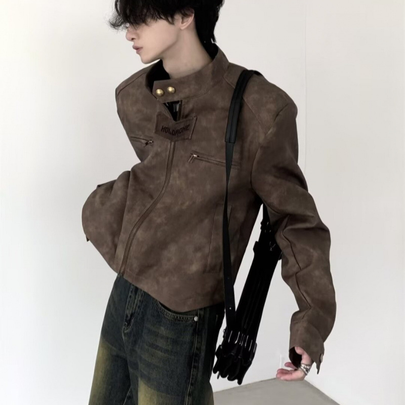 Maillard Wear ανδρικό PU δερμάτινο μπουφάν, κοντό στυλ, μοντέρνο στυλ δρόμου, ειδικός σχεδιασμός, ρετρό καφέ