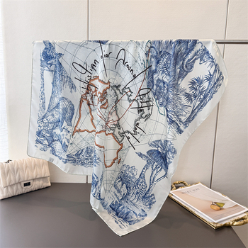 Șal pătrat din poliester, imprimare cu hartă animală, 90x90 cm, stil versatil pentru călătorii, protecție solară pentru femei