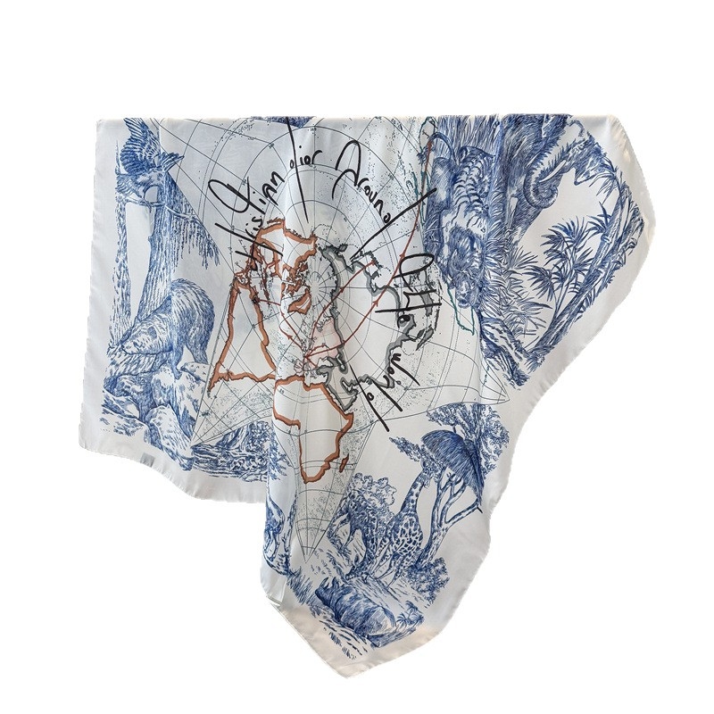 Șal pătrat din poliester, imprimare cu hartă animală, 90x90 cm, stil versatil pentru călătorii, protecție solară pentru femei