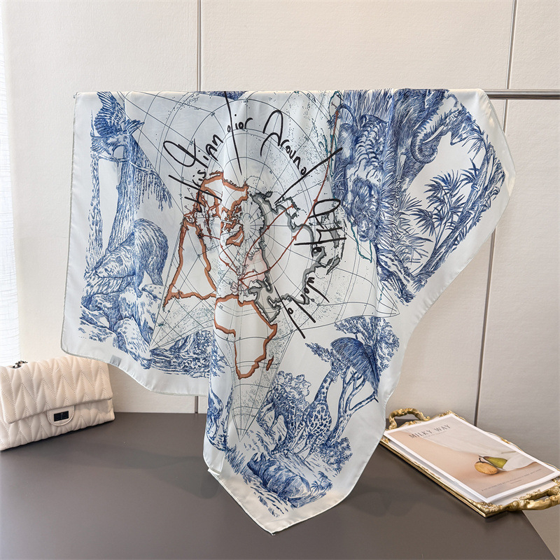 Șal pătrat din poliester, imprimare cu hartă animală, 90x90 cm, stil versatil pentru călătorii, protecție solară pentru femei