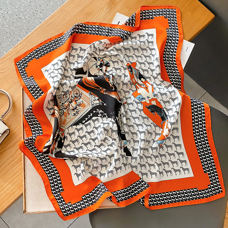 Șal pătrat 70×70 cm pentru femei, mătase sintetică, esarfa elegantă pentru gât, stil retro, căldură de iarnă