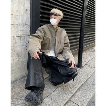 Szürke mosott denim dzseki férfiaknak, rövid Harrington stílusú, tavasz–ősz szezonra, álló gallérral, vintage amerikai baseball dzseki