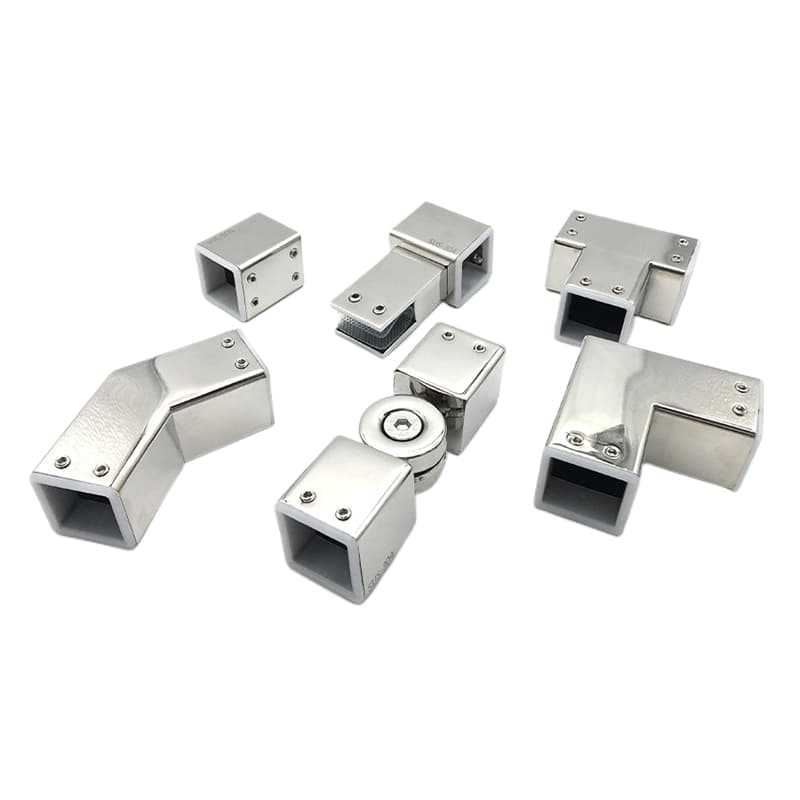 Nerđajući čelični spojnik za tuš kabinu – staklena vrata, kvadratna cijev 25x25 mm, trostruka univerzalna prirubna stezaljka