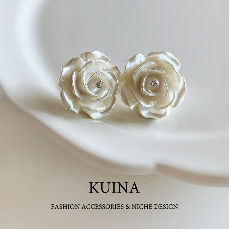 Naušnice od S925 srebra, bijela kamelija, za žene, francuski stil, lagani luksuz, elegantne, nišne i jedinstvene