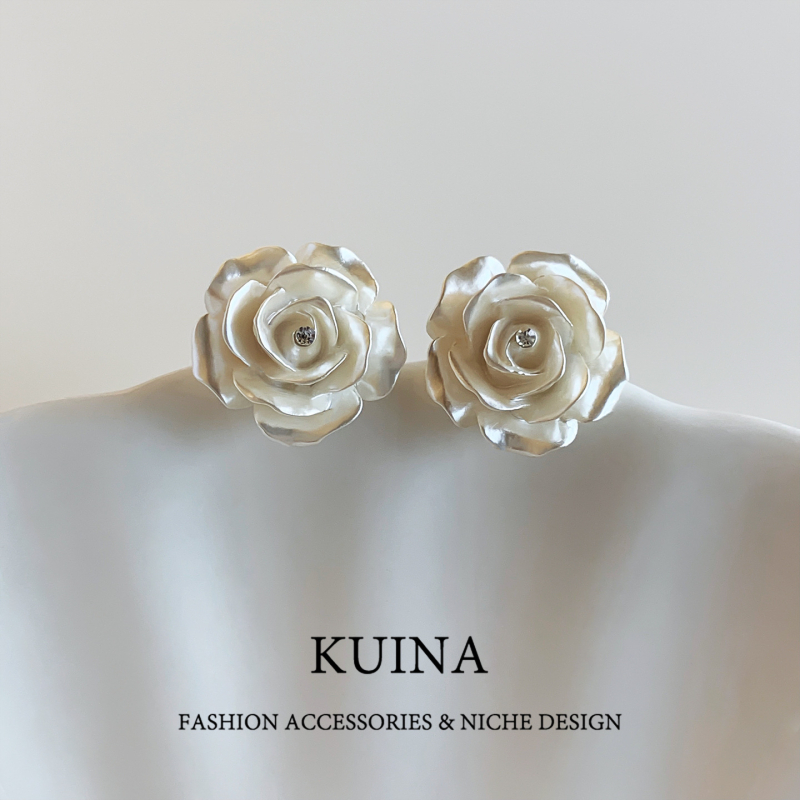 Naušnice od S925 srebra, bijela kamelija, za žene, francuski stil, lagani luksuz, elegantne, nišne i jedinstvene