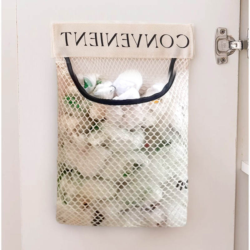 Konyhai szemeteszsák tároló hálós táska Velcro zárással, falra szerelhető