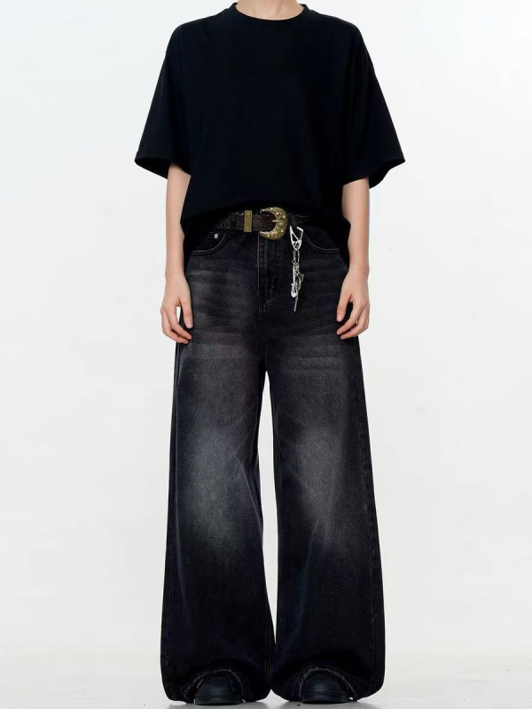 Amerikai stílusú farmernadrág férfiaknak, egyenes szár, vintage mosott és distressed részletekkel, fekete