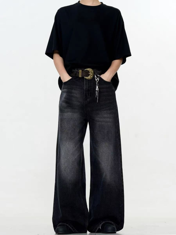 Amerikai stílusú farmernadrág férfiaknak, egyenes szár, vintage mosott és distressed részletekkel, fekete