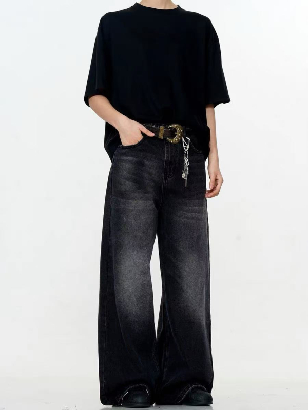 Amerikai stílusú farmernadrág férfiaknak, egyenes szár, vintage mosott és distressed részletekkel, fekete
