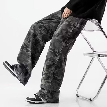 Férfi kamuflázsos farmernadrág, egyenes szabás, amerikai retro streetwear, hip-hop, mindennapi viselet