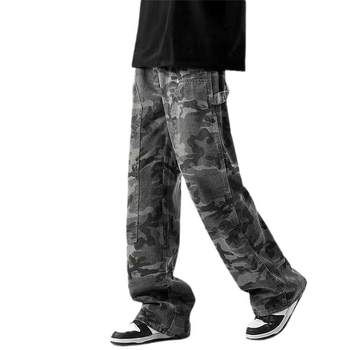 Férfi kamuflázsos farmernadrág, egyenes szabás, amerikai retro streetwear, hip-hop, mindennapi viselet