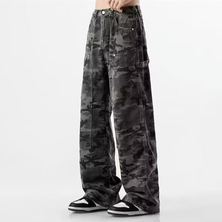 Férfi kamuflázsos farmernadrág, egyenes szabás, amerikai retro streetwear, hip-hop, mindennapi viselet