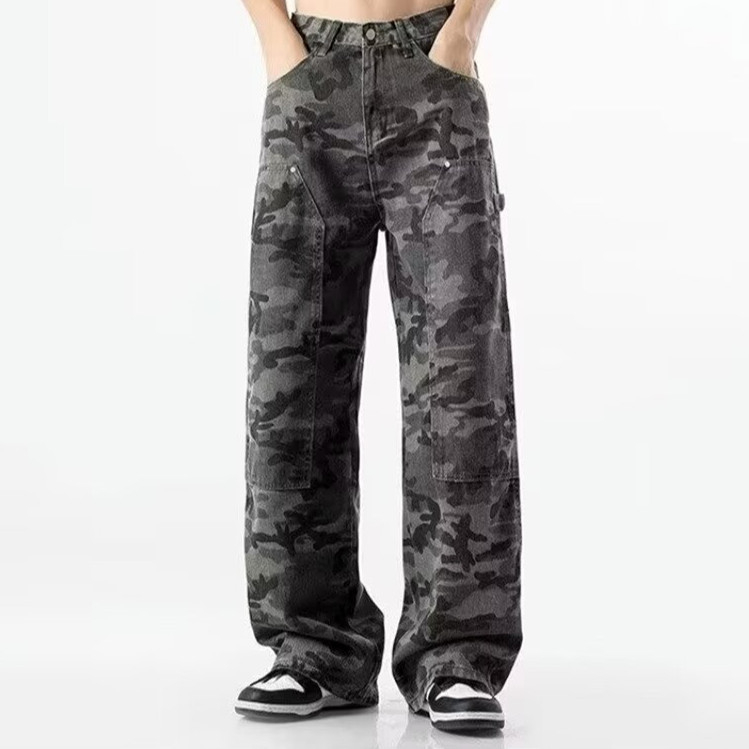 Férfi kamuflázsos farmernadrág, egyenes szabás, amerikai retro streetwear, hip-hop, mindennapi viselet