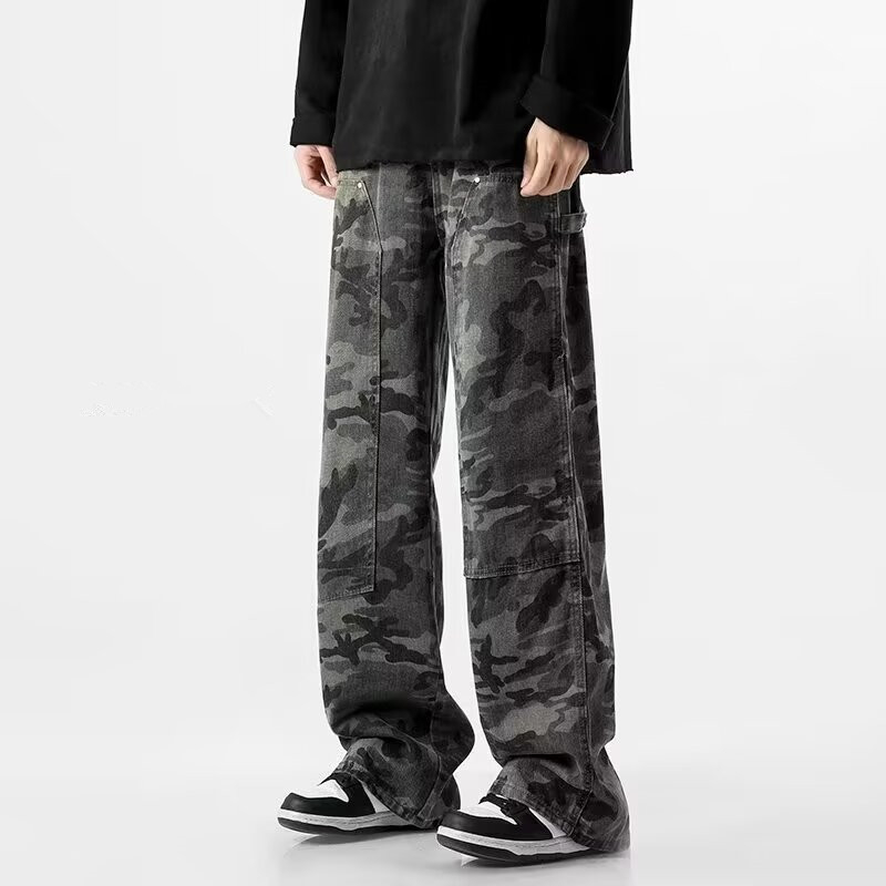 Férfi kamuflázsos farmernadrág, egyenes szabás, amerikai retro streetwear, hip-hop, mindennapi viselet