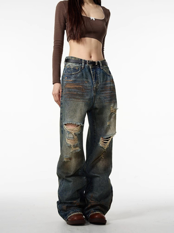 Amerikai stílusú streetwear retró szakadt farmernadrág férfiaknak, tavasz–ősz, egyenes, lazán szabott