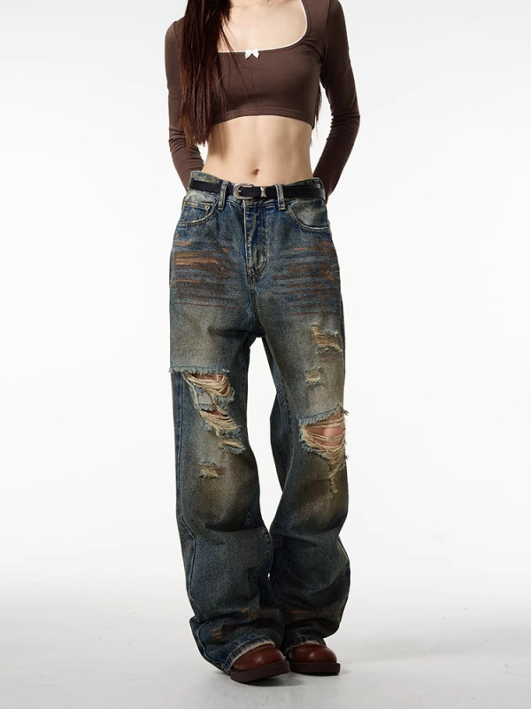 Amerikai stílusú streetwear retró szakadt farmernadrág férfiaknak, tavasz–ősz, egyenes, lazán szabott