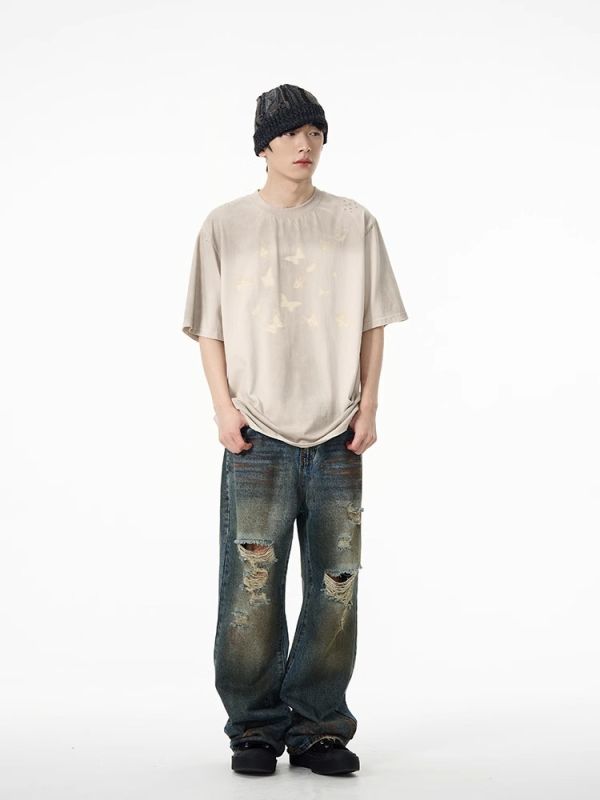 Amerikai stílusú streetwear retró szakadt farmernadrág férfiaknak, tavasz–ősz, egyenes, lazán szabott