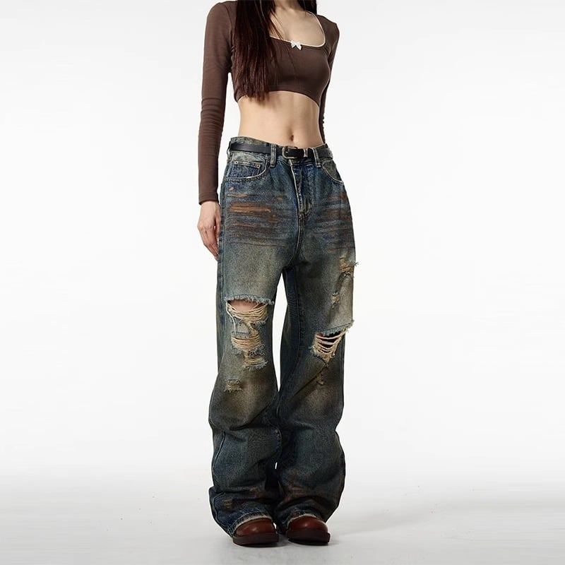 Amerikai stílusú streetwear retró szakadt farmernadrág férfiaknak, tavasz–ősz, egyenes, lazán szabott
