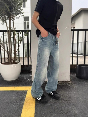 Férfi vintage farmernadrág villám mintával, lazán szabott, egyenes szárú, hosszú denim nadrág