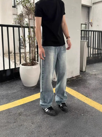 Férfi vintage farmernadrág villám mintával, lazán szabott, egyenes szárú, hosszú denim nadrág