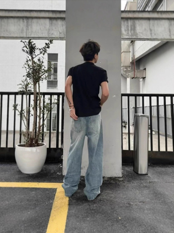 Férfi vintage farmernadrág villám mintával, lazán szabott, egyenes szárú, hosszú denim nadrág