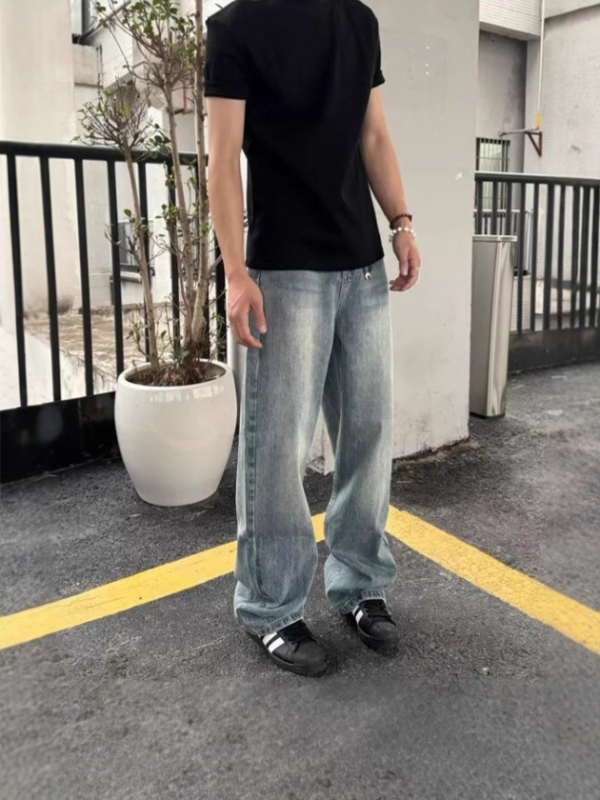 Férfi vintage farmernadrág villám mintával, lazán szabott, egyenes szárú, hosszú denim nadrág