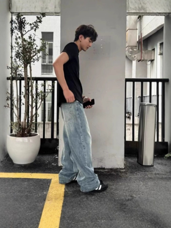 Férfi vintage farmernadrág villám mintával, lazán szabott, egyenes szárú, hosszú denim nadrág