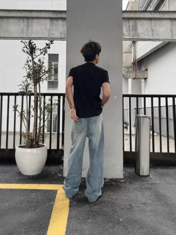 Férfi vintage farmernadrág villám mintával, lazán szabott, egyenes szárú, hosszú denim nadrág