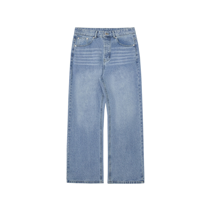 Amerikai stílusú nehéz farmer Indigo, vintage mosás, distressed, A-vonalú laza szabás, egyenes szár, férfiaknak