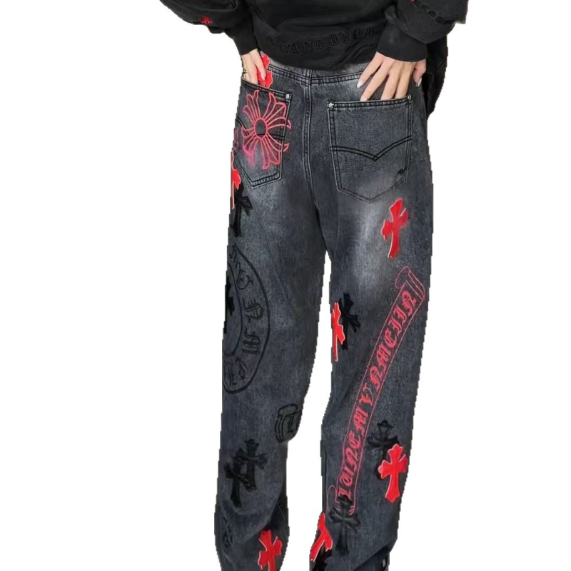 Férfi patchwork farmernadrág, laza szabású egyenes szár, koptatott mosott denim, dekonstrukciós stílus tavaszra és őszre