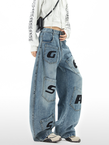 Muške traperice s više džepova, ravni kroj, opuštene široke nogavice, američki streetwear stil, moderan dizajn