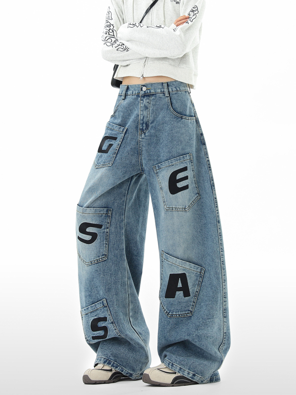 Muške traperice s više džepova, ravni kroj, opuštene široke nogavice, američki streetwear stil, moderan dizajn