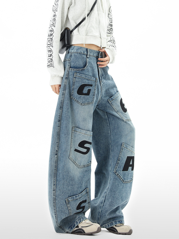 Muške traperice s više džepova, ravni kroj, opuštene široke nogavice, američki streetwear stil, moderan dizajn