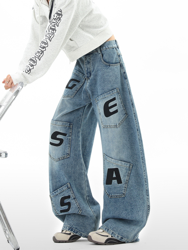 Muške traperice s više džepova, ravni kroj, opuštene široke nogavice, američki streetwear stil, moderan dizajn