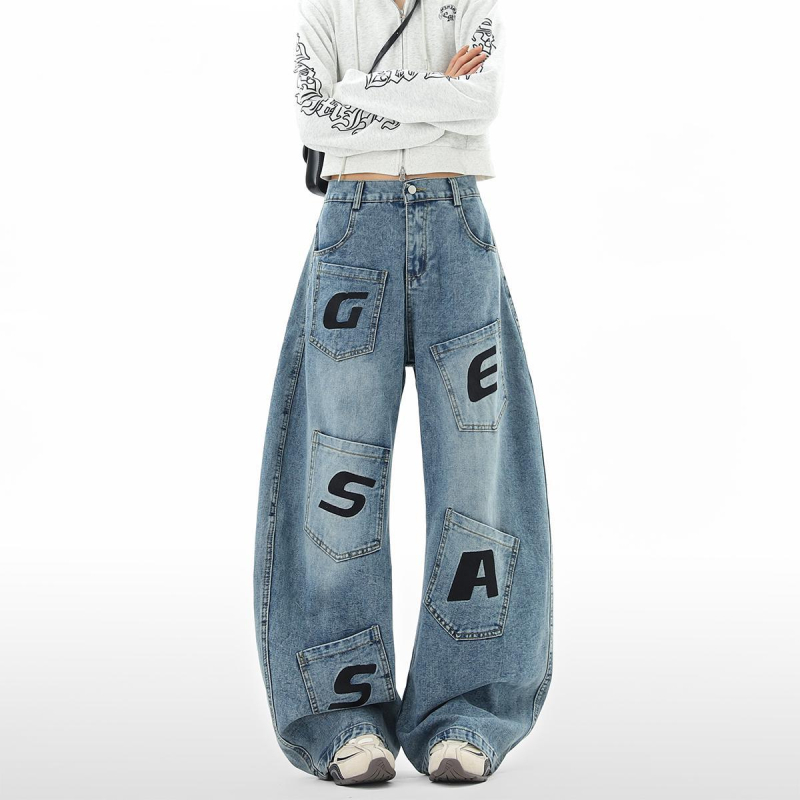 Muške traperice s više džepova, ravni kroj, opuštene široke nogavice, američki streetwear stil, moderan dizajn