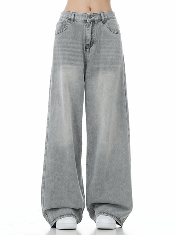 Férfi farmernadrág amerikai utcai stílusban, laza szabás, széles egyenes szár, kimosott denim, tavasz–ősz modell