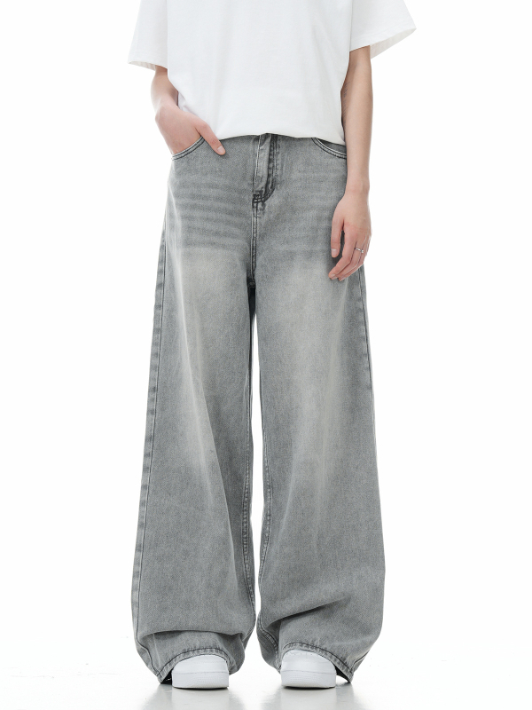 Férfi farmernadrág amerikai utcai stílusban, laza szabás, széles egyenes szár, kimosott denim, tavasz–ősz modell