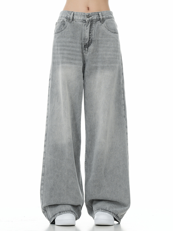 Férfi farmernadrág amerikai utcai stílusban, laza szabás, széles egyenes szár, kimosott denim, tavasz–ősz modell